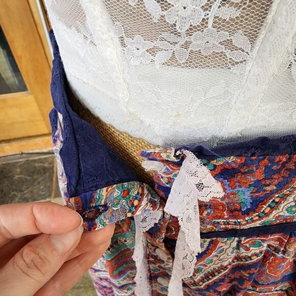Vtg Handmade Ruffle Paisley Colorful Frill Whimsi Pocket Lace Button Up Skirt - Picture 6 of 8